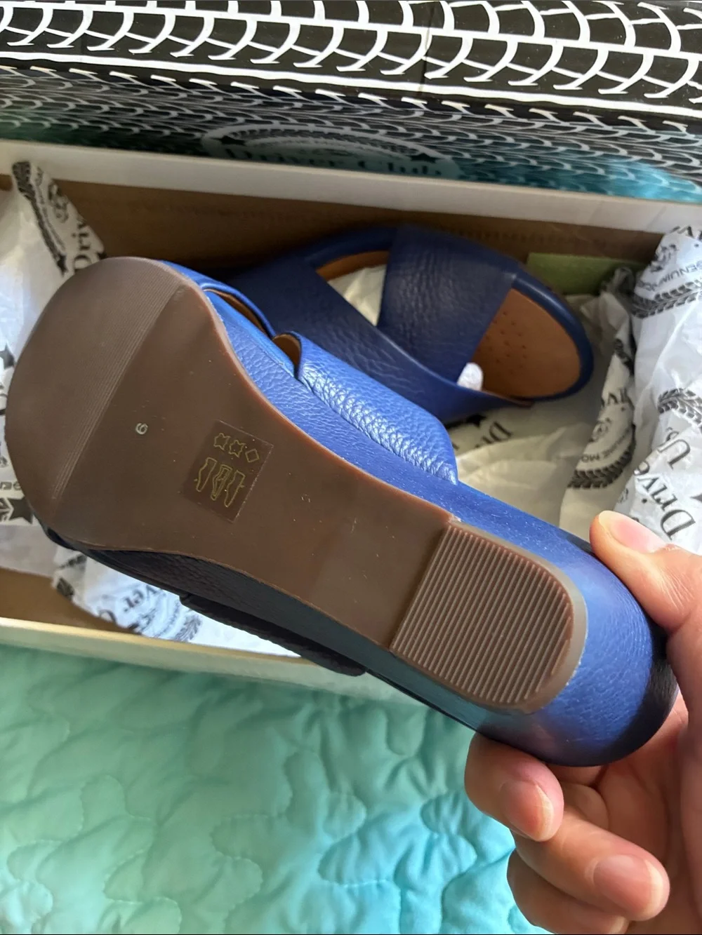 Driver Club USA Navy Leather Crisscross Wedge Sandals.